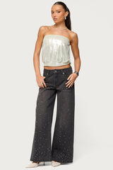 Rhinestone Washed Low Rise Baggy Jeans