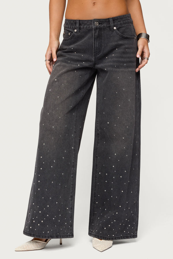 Rhinestone Washed Low Rise Baggy Jeans view 2