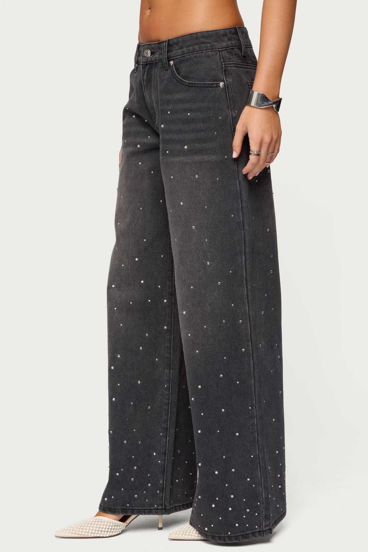 Rhinestone Washed Low Rise Baggy Jeans
