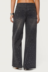 Rhinestone Washed Low Rise Baggy Jeans