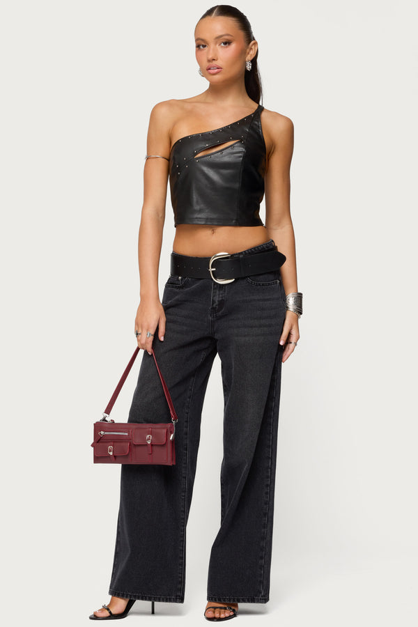 Asymmetric Cutout Faux Leather Top view 2