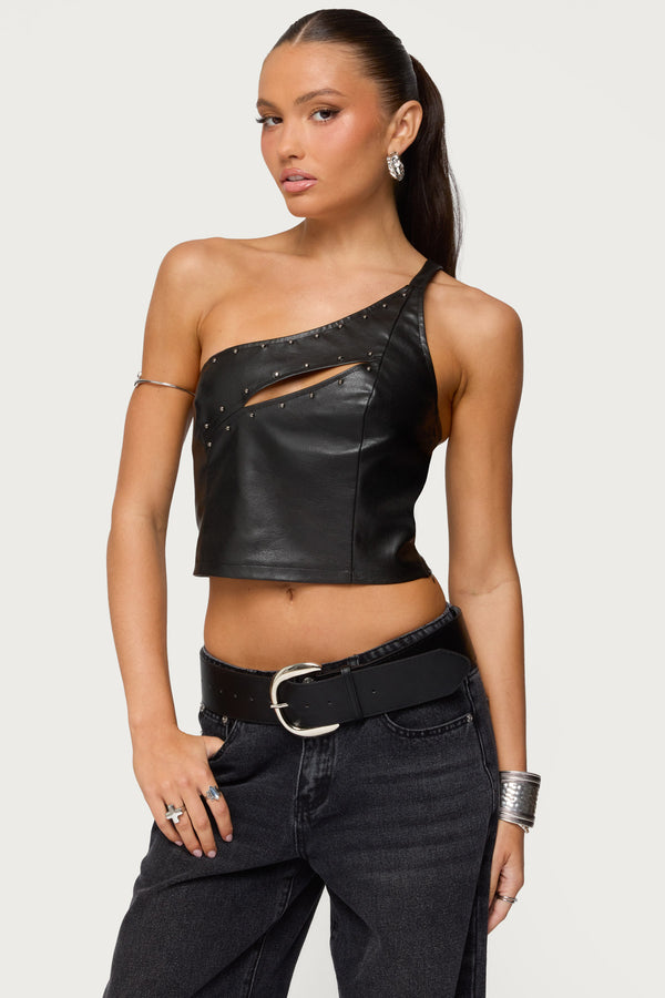 Asymmetric Cutout Faux Leather Top view 1