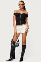 Collared Off Shoulder Zip Up Top