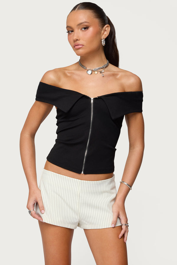 Collared Off Shoulder Zip Up Top view 1