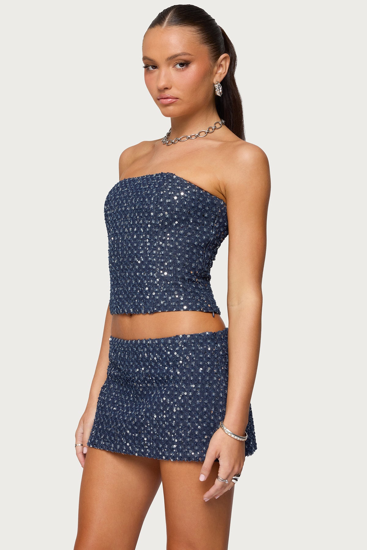 Sora Sequin Distressed Denim Corset