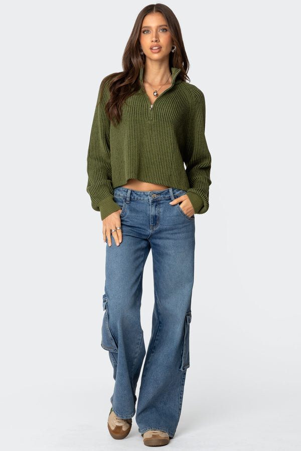 Cropped Rib Knit Half Zip Sweater view 2