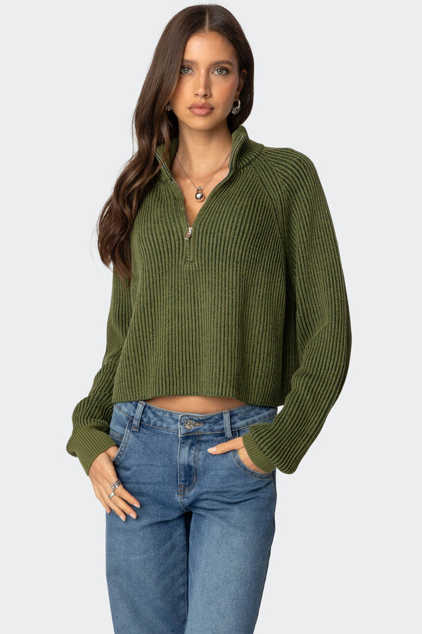 Cropped Rib Knit Half Zip Sweater view 1