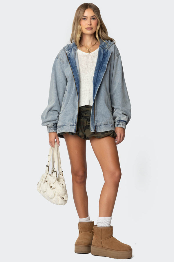 Hooded Vintage Washed Denim Bomber Jacket view 1