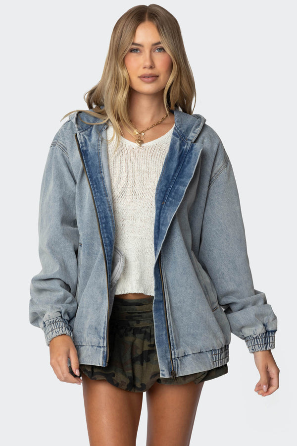 Hooded Vintage Washed Denim Bomber Jacket view 2