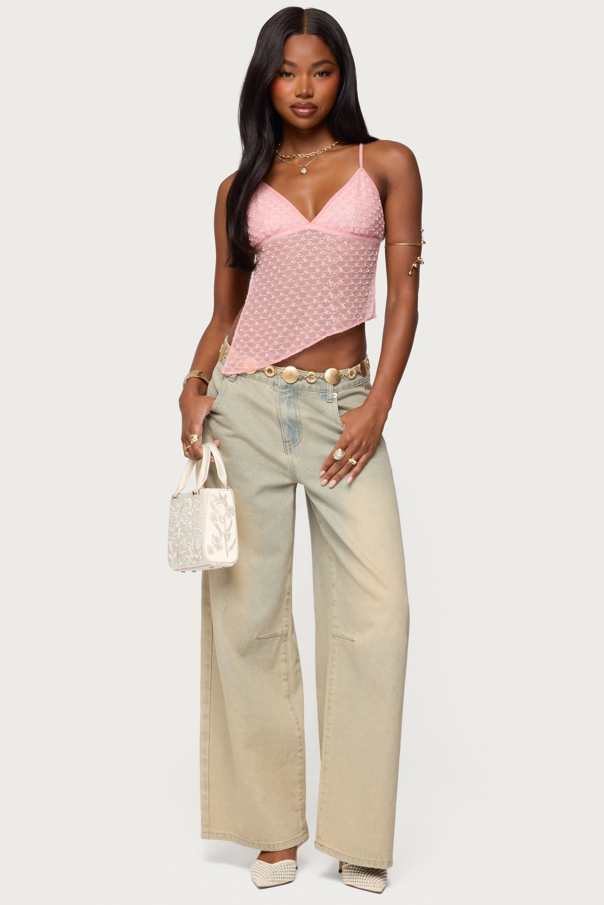Beaded Mesh Asymmetric Backless Top