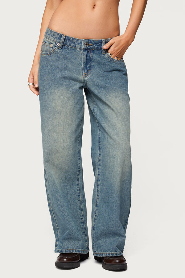 Petite Magda Acid Wash Low Rise Baggy Jeans view 2