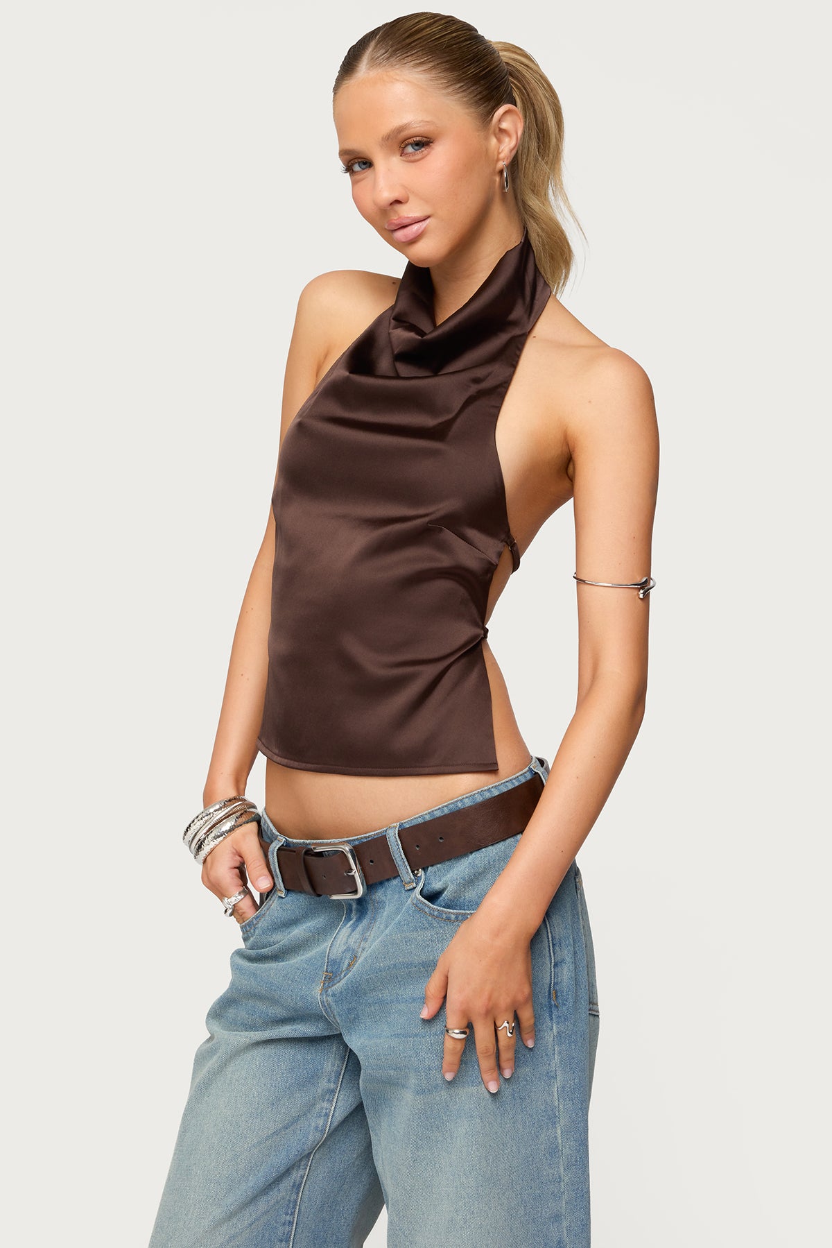 Satin Effect Backless Cowl Neck Top