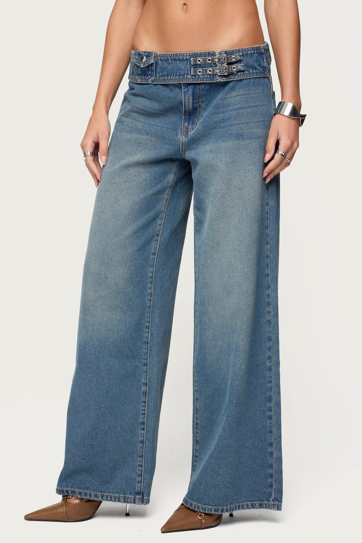 Double Buckle Low Rise Baggy Jeans