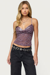 Sequin Layered Bra Cowl Neck Top