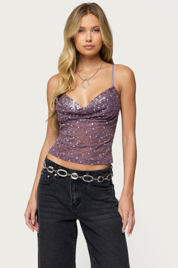 Sequin Layered Bra Cowl Neck Top view 1