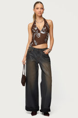 Sequin Asymmetric Mesh Halter Top