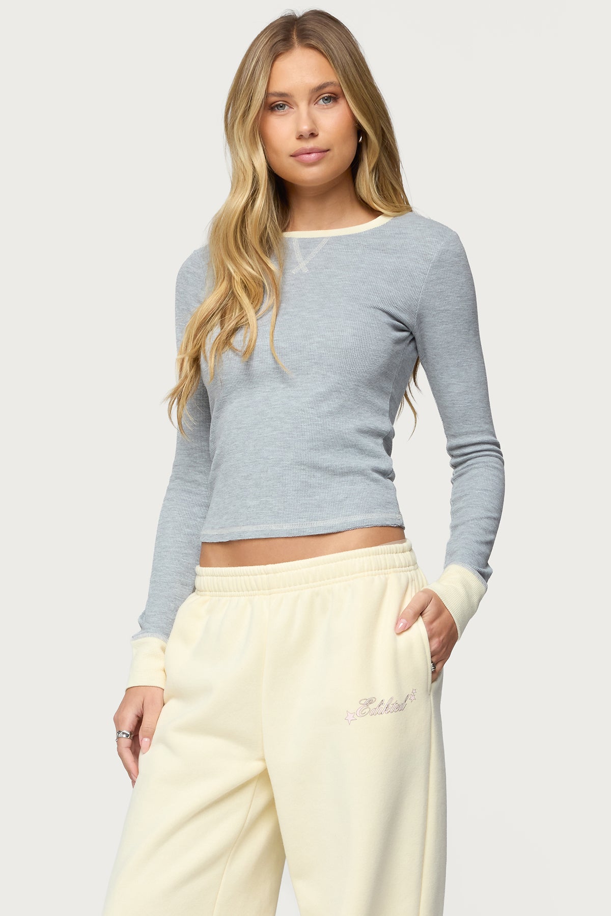 Rora Contrast Long Sleeve Waffle Top