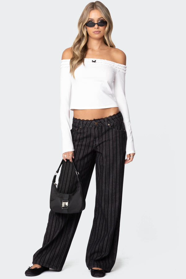 Lace Trim Striped Low Rise Baggy Jeans view 1