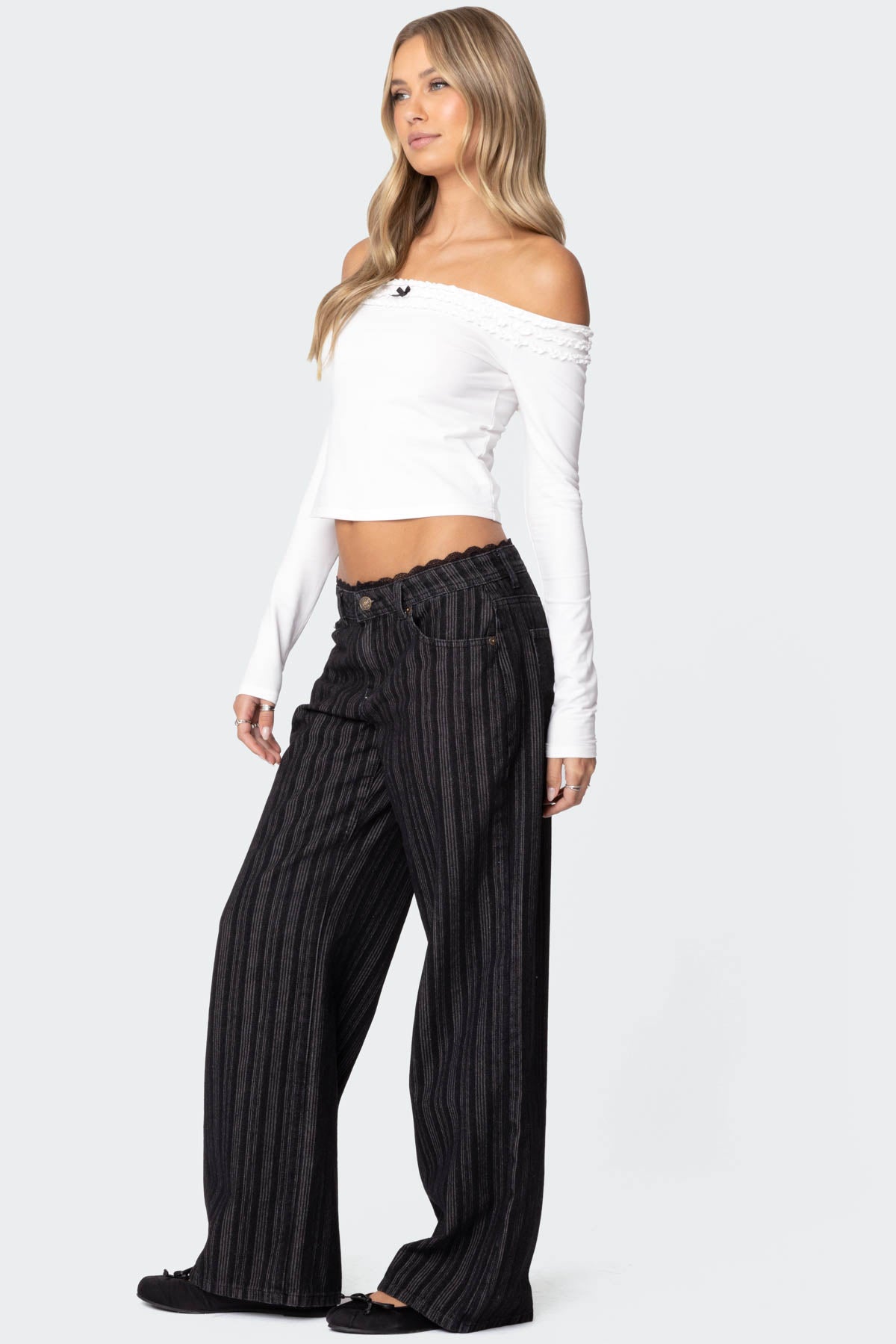 Lace Trim Striped Low Rise Baggy Jeans