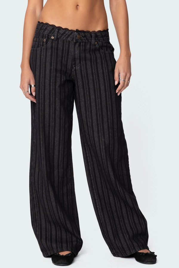 Lace Trim Striped Low Rise Baggy Jeans view 2