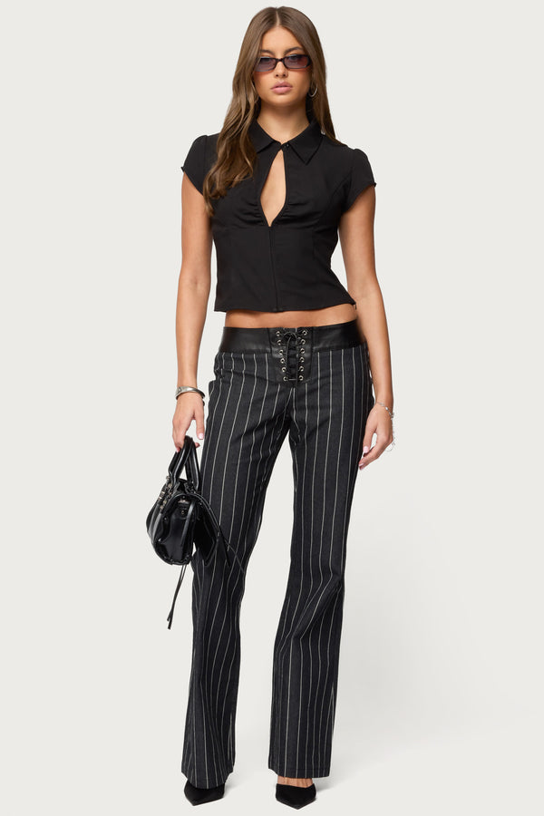 Pinstripe & Faux Leather Low Rise Flared Jeans view 2