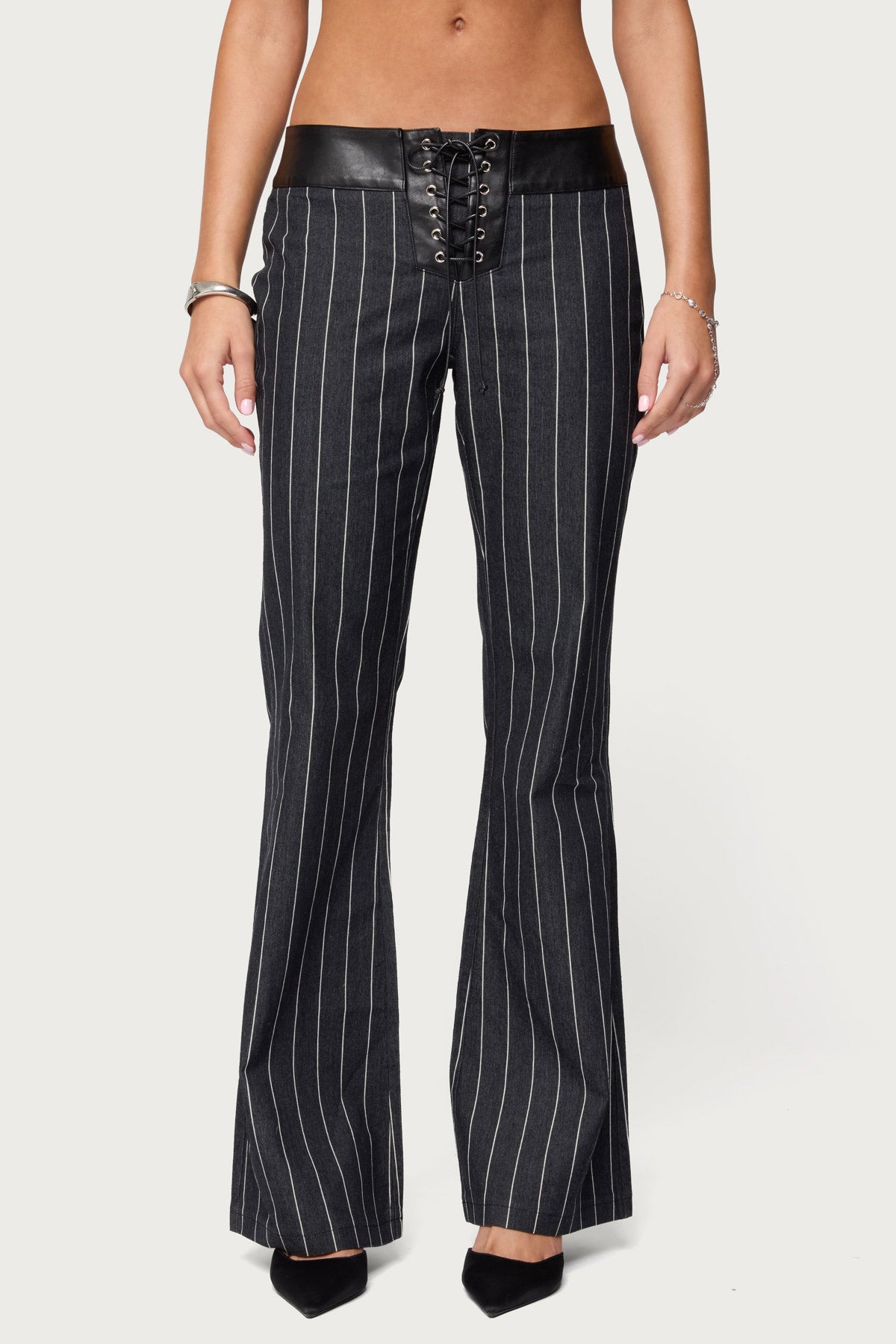 Pinstripe & Faux Leather Low Rise Flared Jeans
