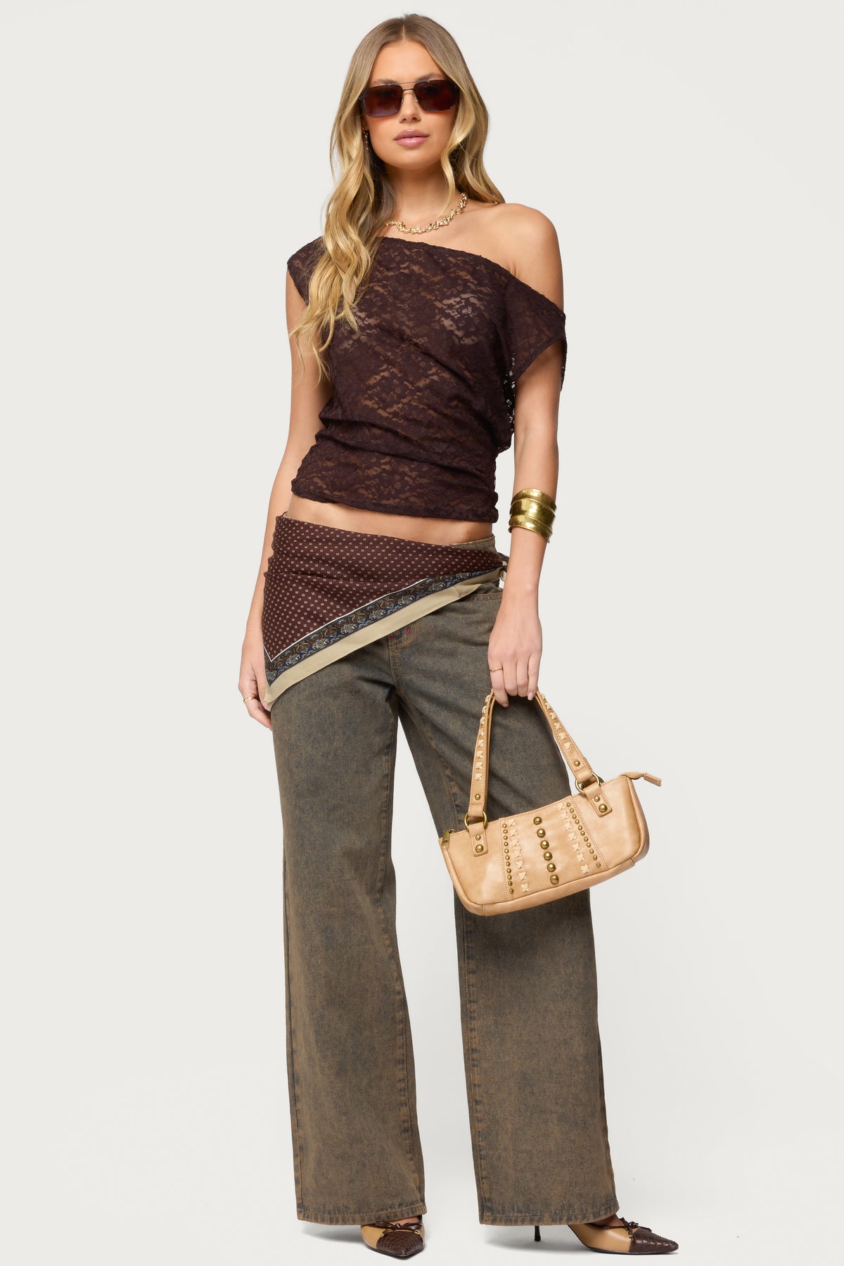 Kessa Sheer Lace Off Shoulder Top