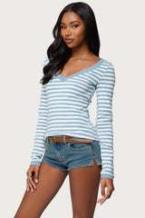 Kimi Striped Long Sleeve V Neck Top