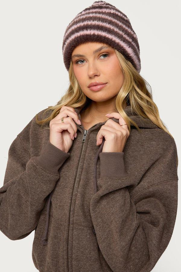 Striped Fuzzy Knit Beanie view 1