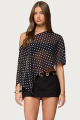 Sheer Chiffon Asymmetric Polka Dot Poncho