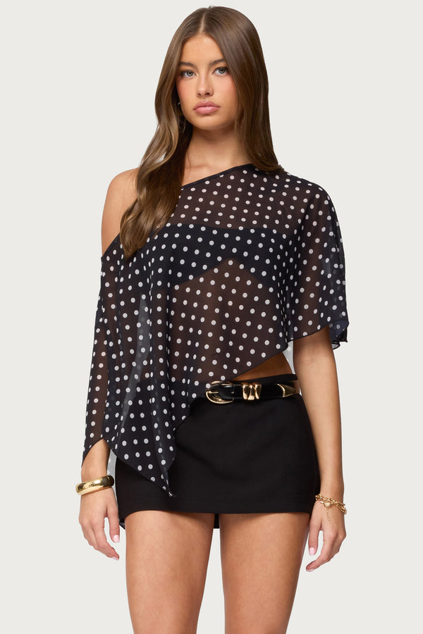 Sheer Chiffon Asymmetric Polka Dot Poncho view 2
