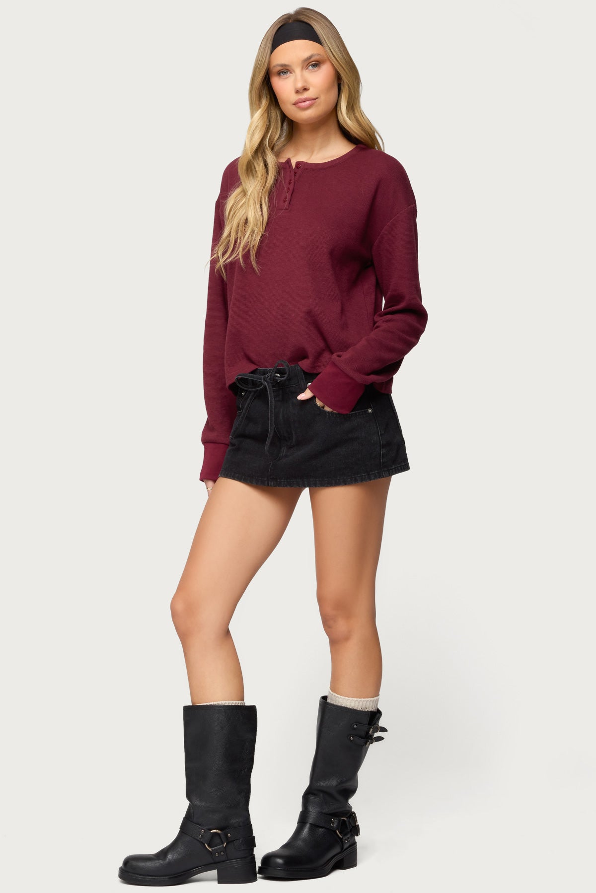 Deni Long Sleeve Henley Waffle Top