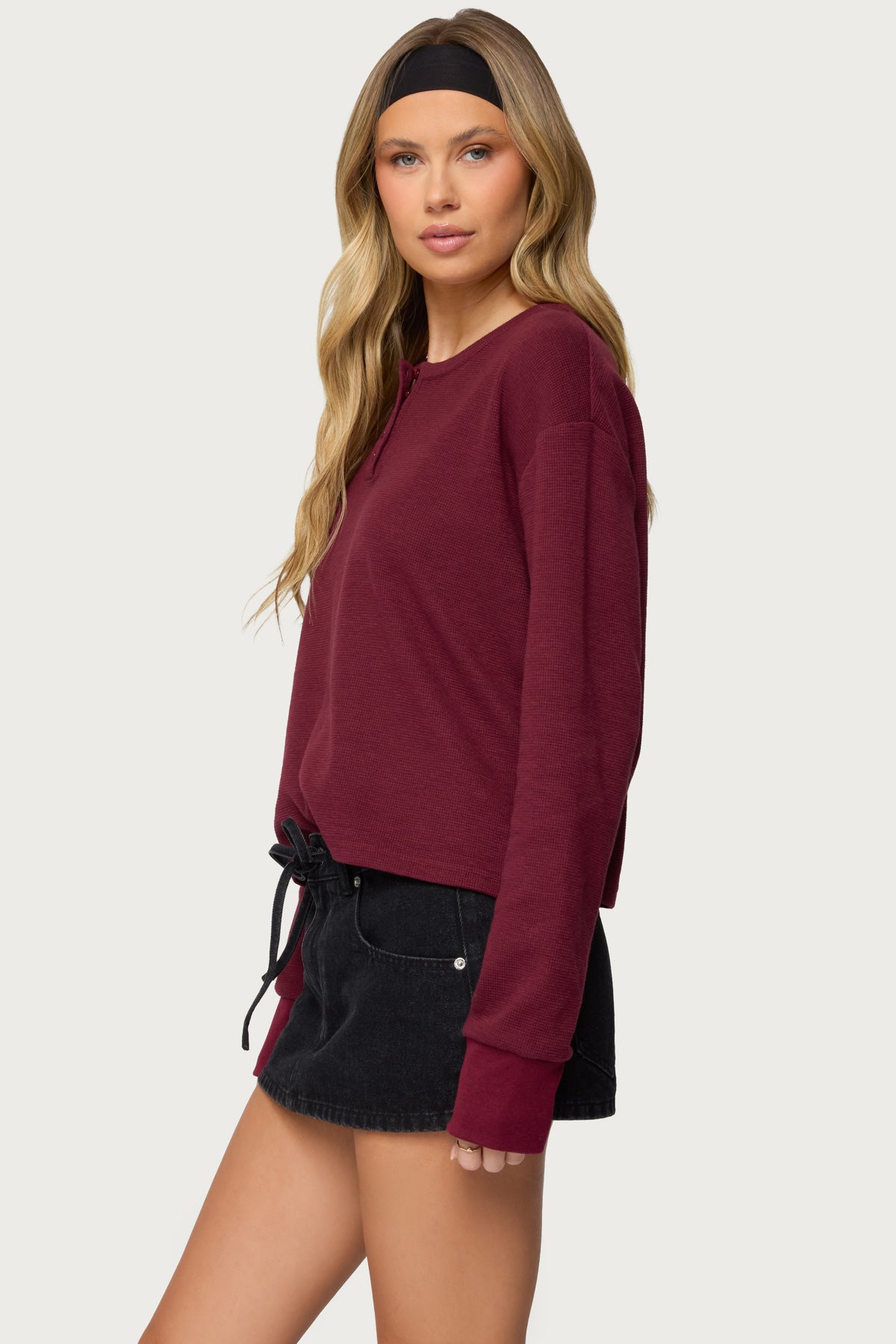 Deni Long Sleeve Henley Waffle Top