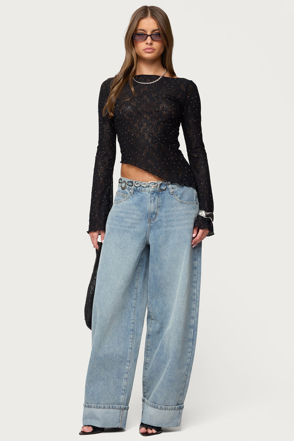 Mare Asymmetric Gem Sheer Lace Top view 2