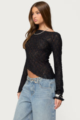 Mare Asymmetric Gem Sheer Lace Top