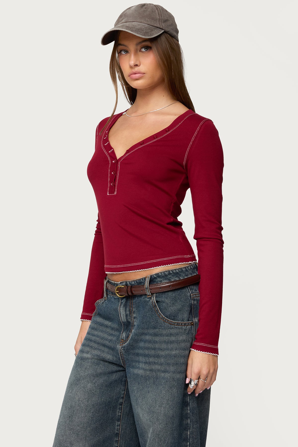 Yael Contrast Stitch Henley Top