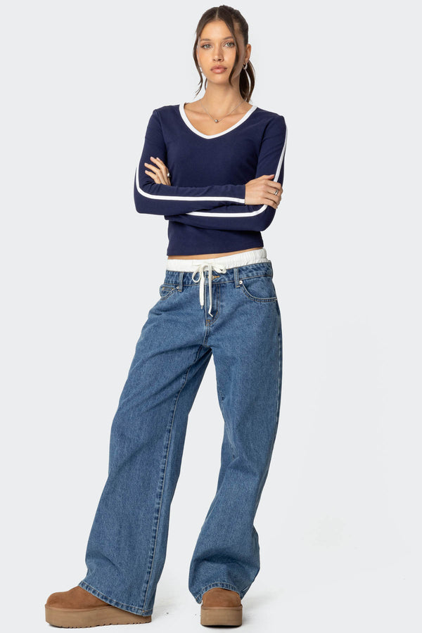 Contrast V Neck Long Sleeve T Shirt view 2