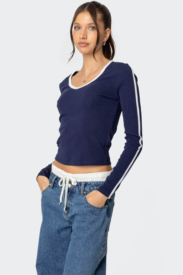 Contrast V Neck Long Sleeve T Shirt view 1