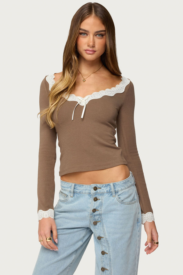 Contrast Lacey Long Sleeve Top view 1
