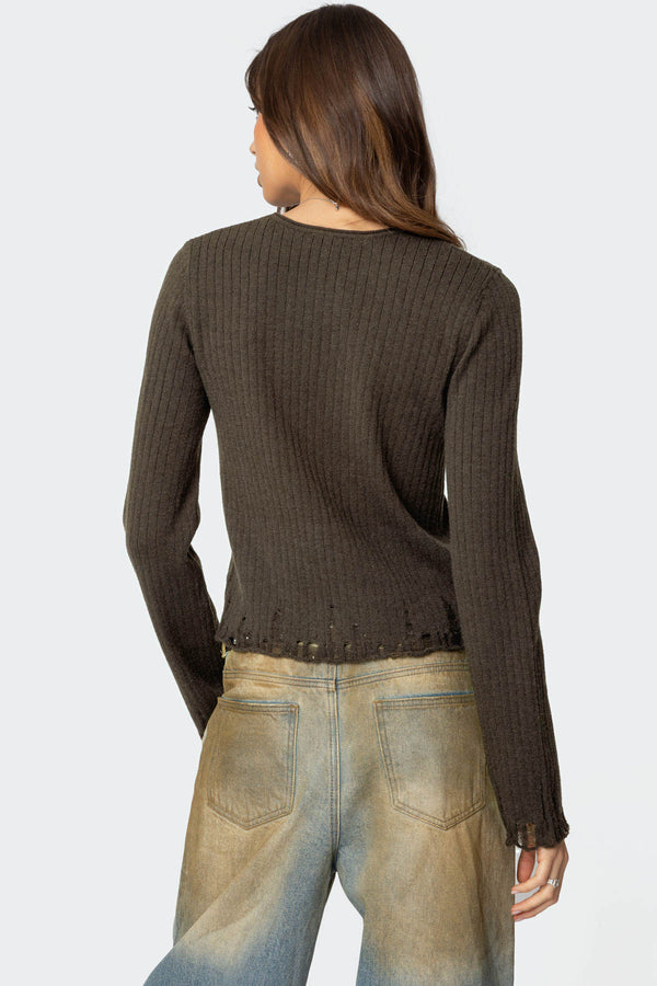 Distressed Ribbed Knit Sweater view 2