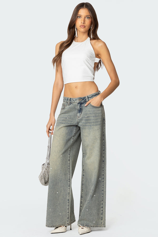Rhinestone Washed Low Rise Baggy Jeans view 1