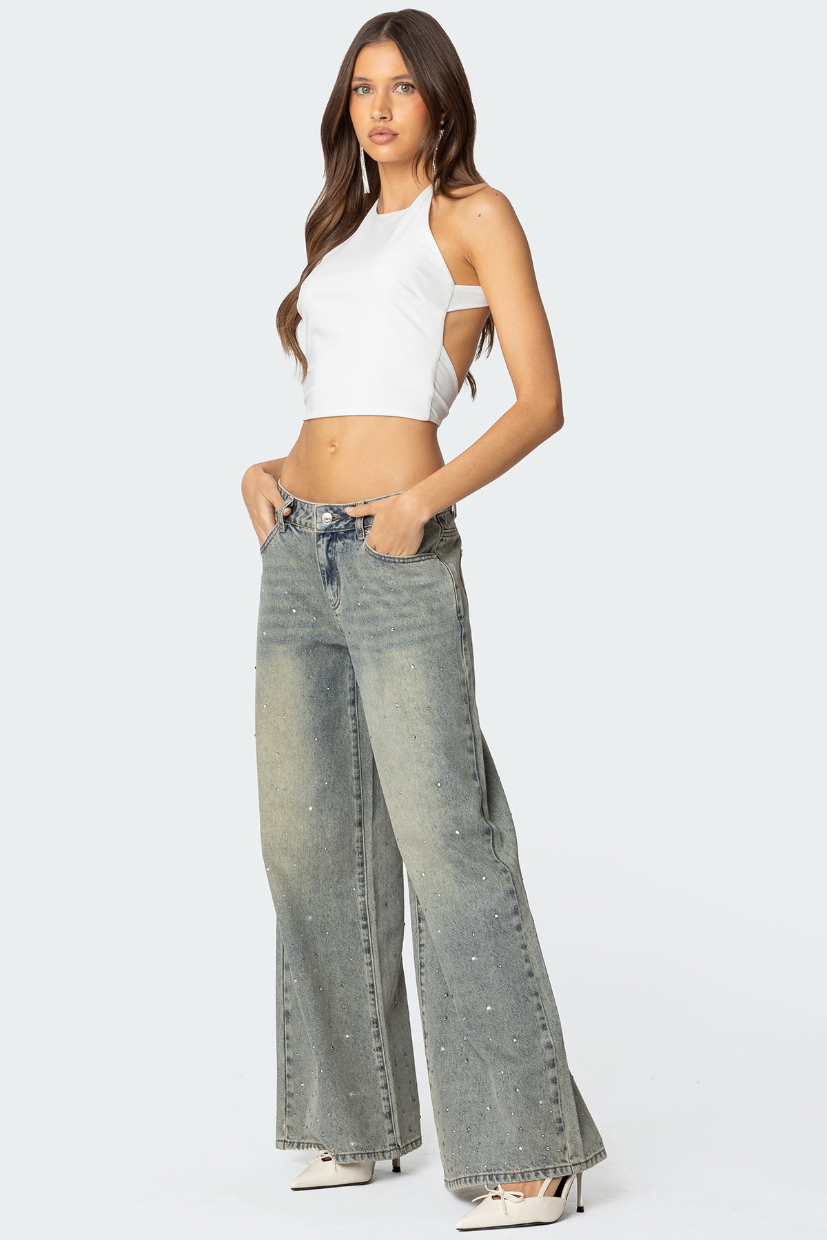 Rhinestone Washed Low Rise Baggy Jeans