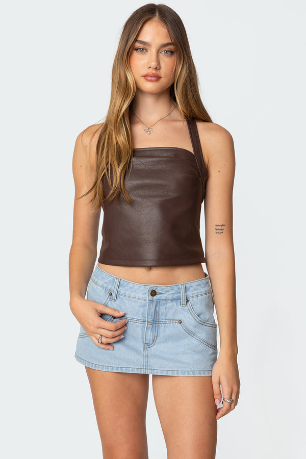 Draped Faux Leather Halter Top view 1