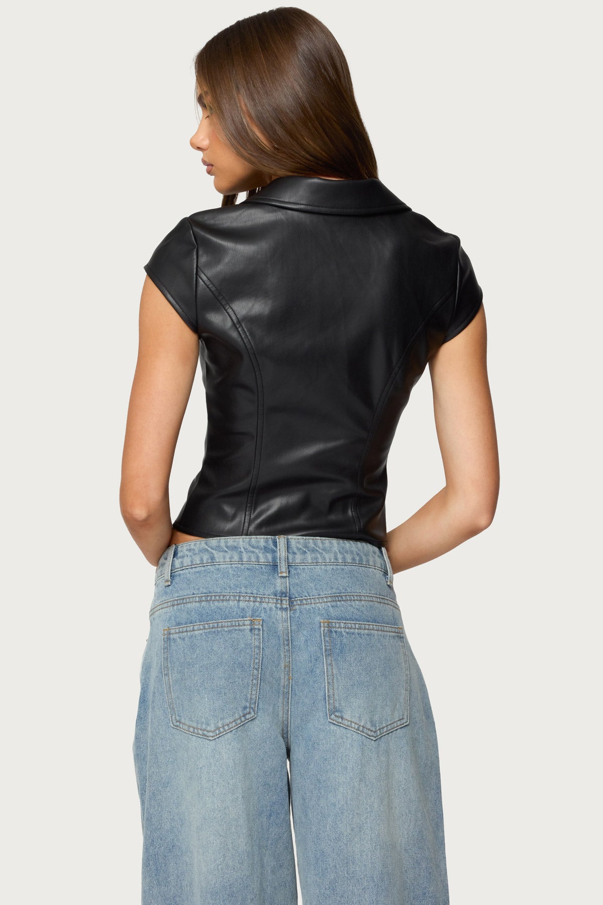 Faux Leather Tailored Button Up Top