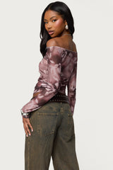Off Shoulder Printed Sheer Mesh Top