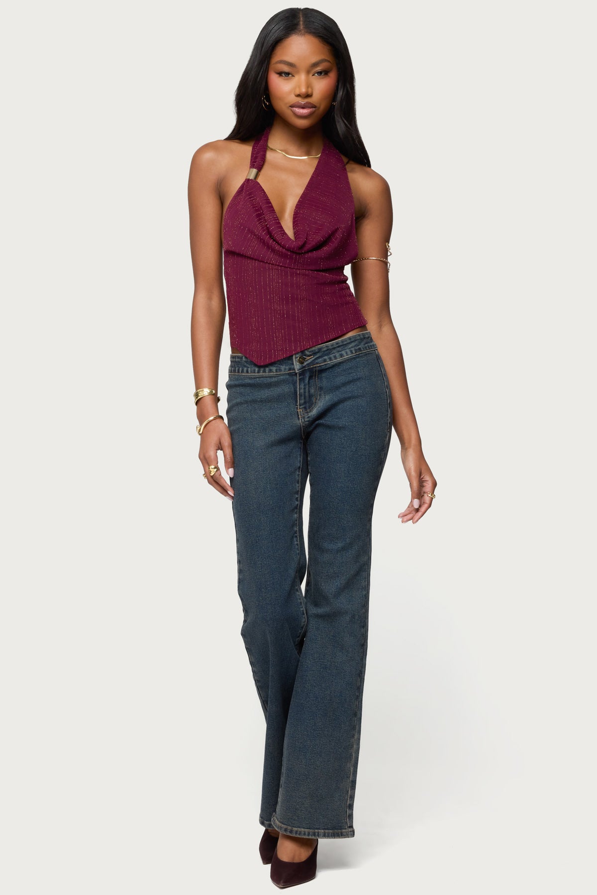 Mimi Asymmetric Textured Mesh Halter Top