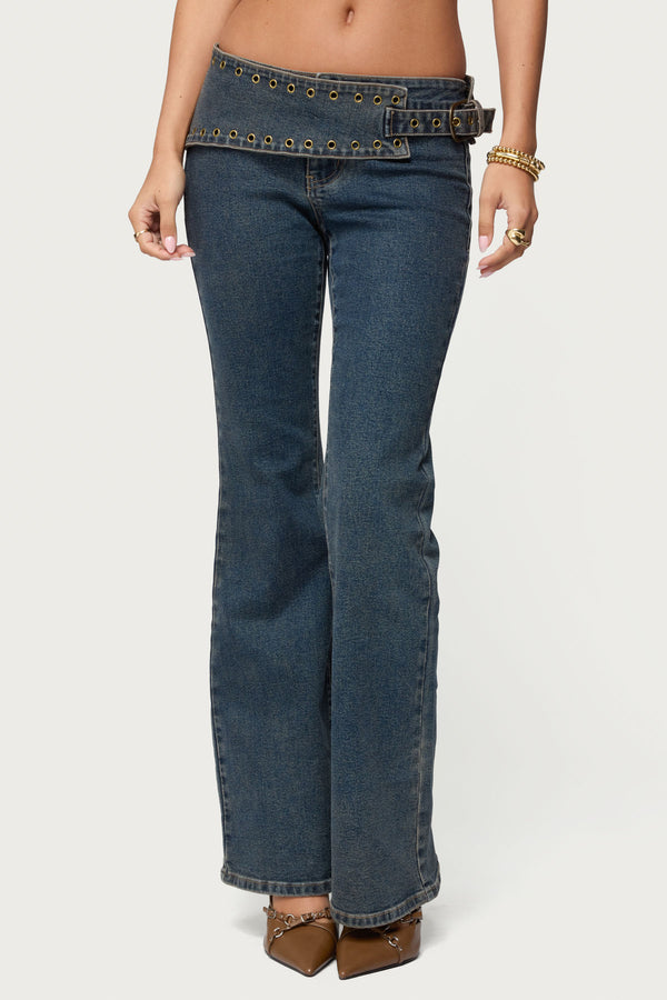 Asymmetric Grommet Belt Low Rise Flared Jeans view 2