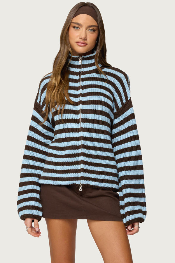High Neck Striped Zip Up Sweater view 1