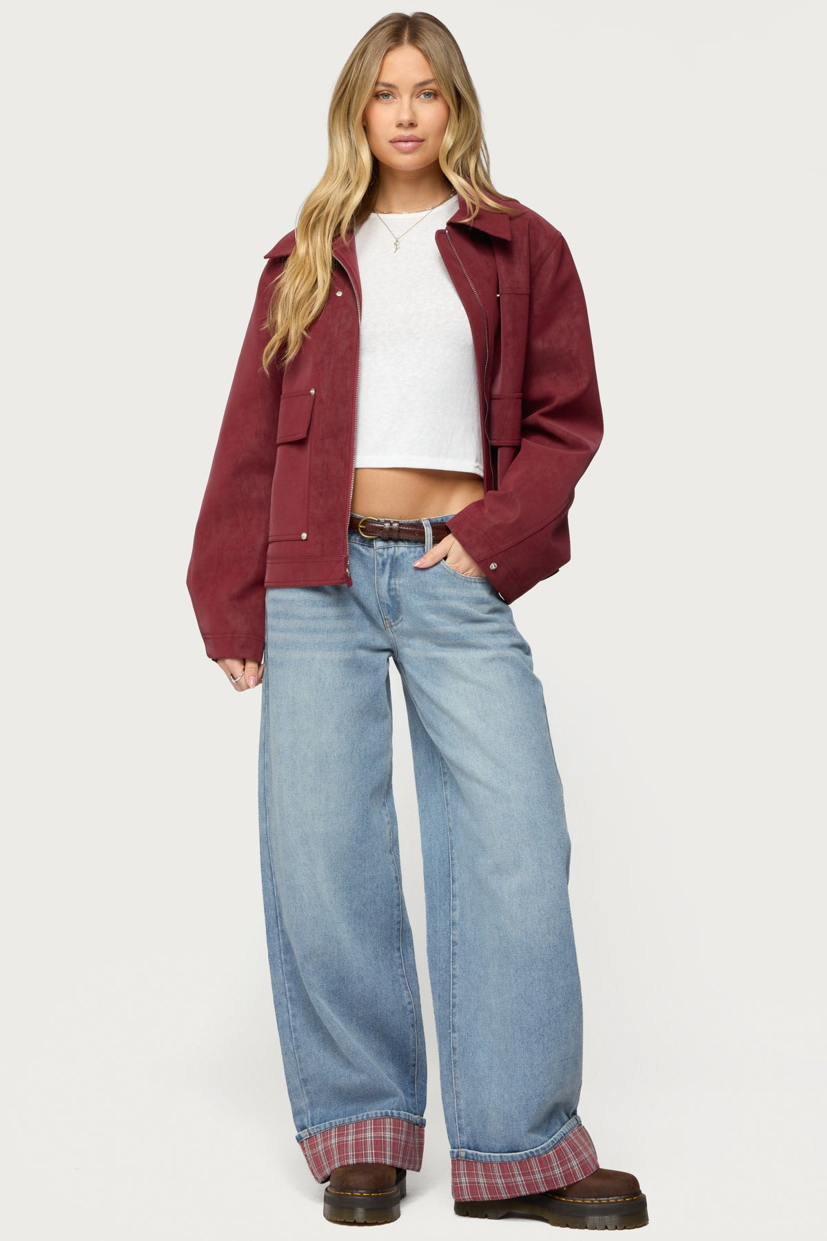 Plaid Cuffed Low Rise Baggy Jeans