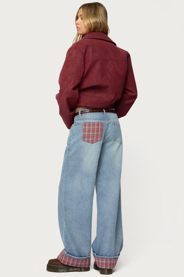 Plaid Cuffed Low Rise Baggy Jeans view 1